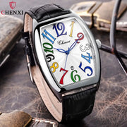 CHENXI men's watch with colorful numbered dial, curved glass, silver case, and black leather strap.