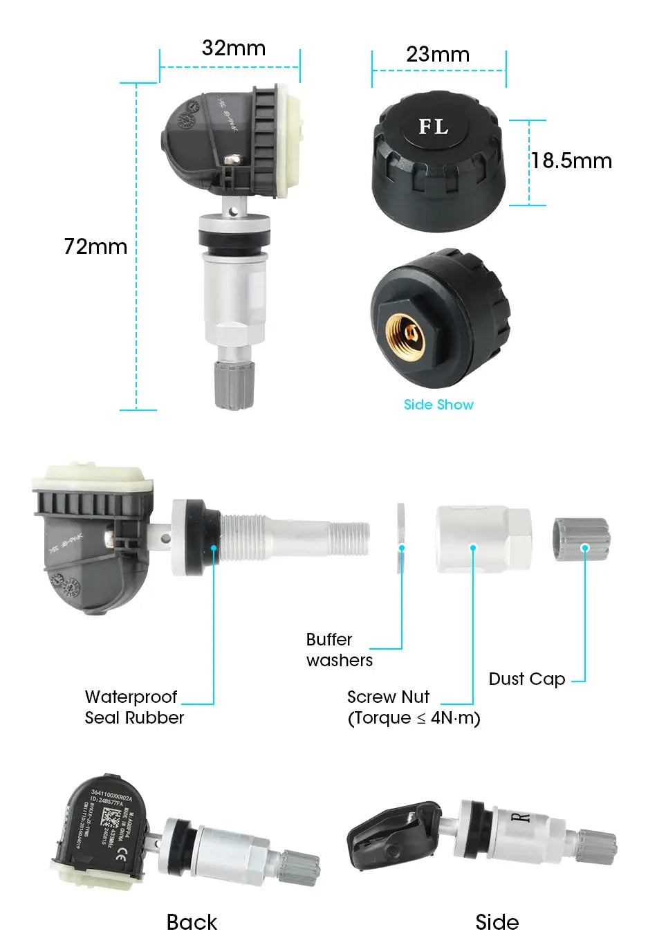 TPMS tire pressure monitoring system kit with 5 sensors and USB Android display