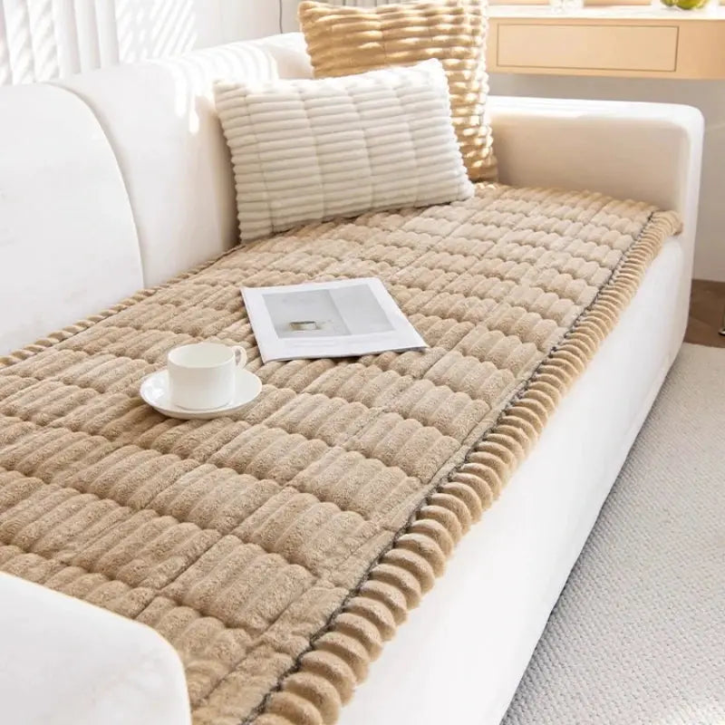 Thicken Quilting Warm Stripe Flannel Sofa Pad by Simples Market, beige quilted sofa pad for winter on white sofa