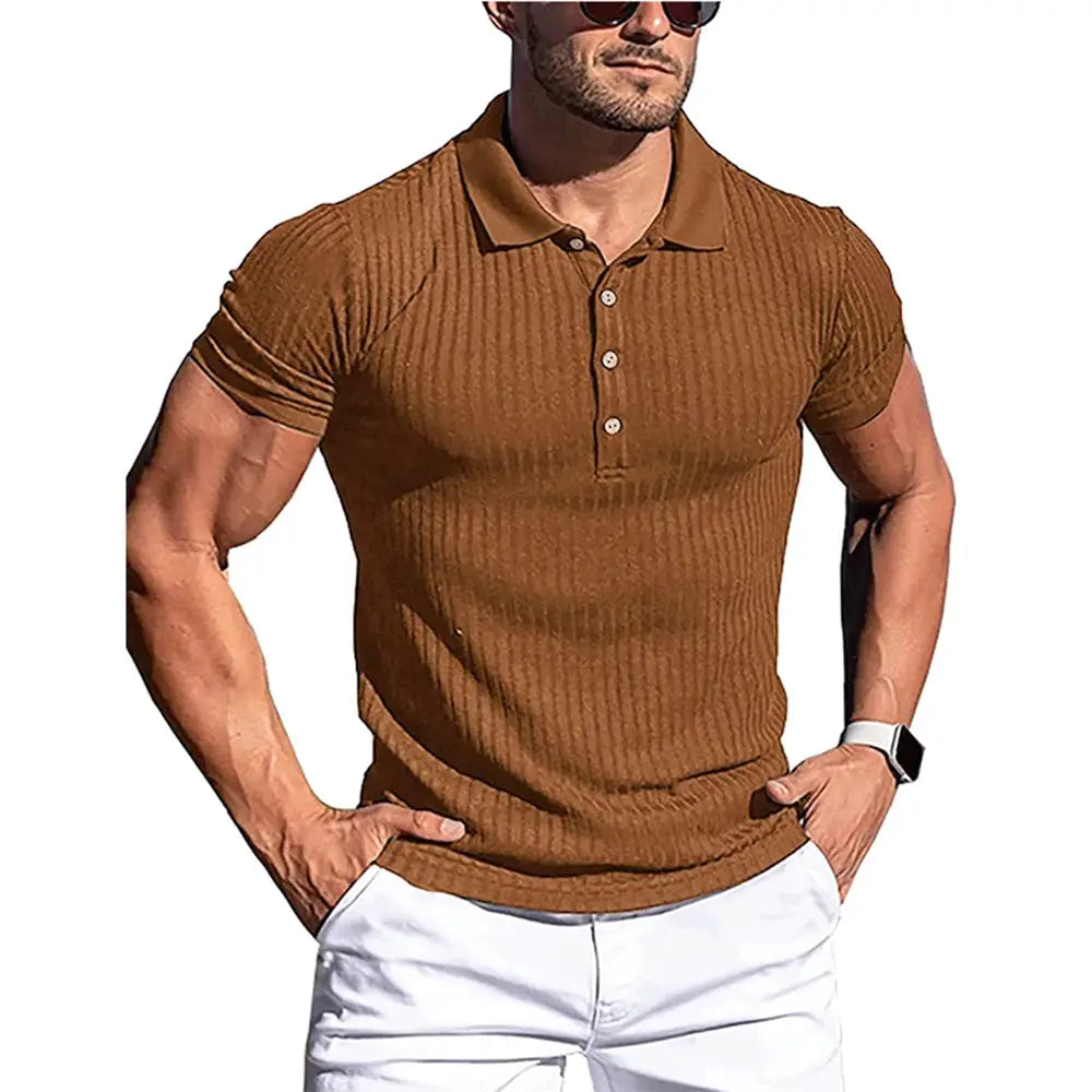Men's brown ribbed polo shirt by Simples Market, short sleeves, stand collar, elastic-fit fabric for a snug, sporty look