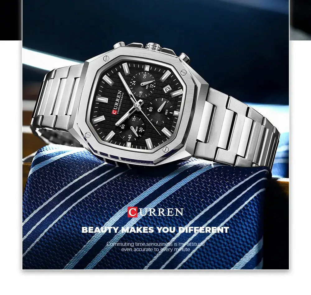 CURREN stainless steel square chronograph men's wristwatch with date on black dial, bracelet, on striped blue fabric