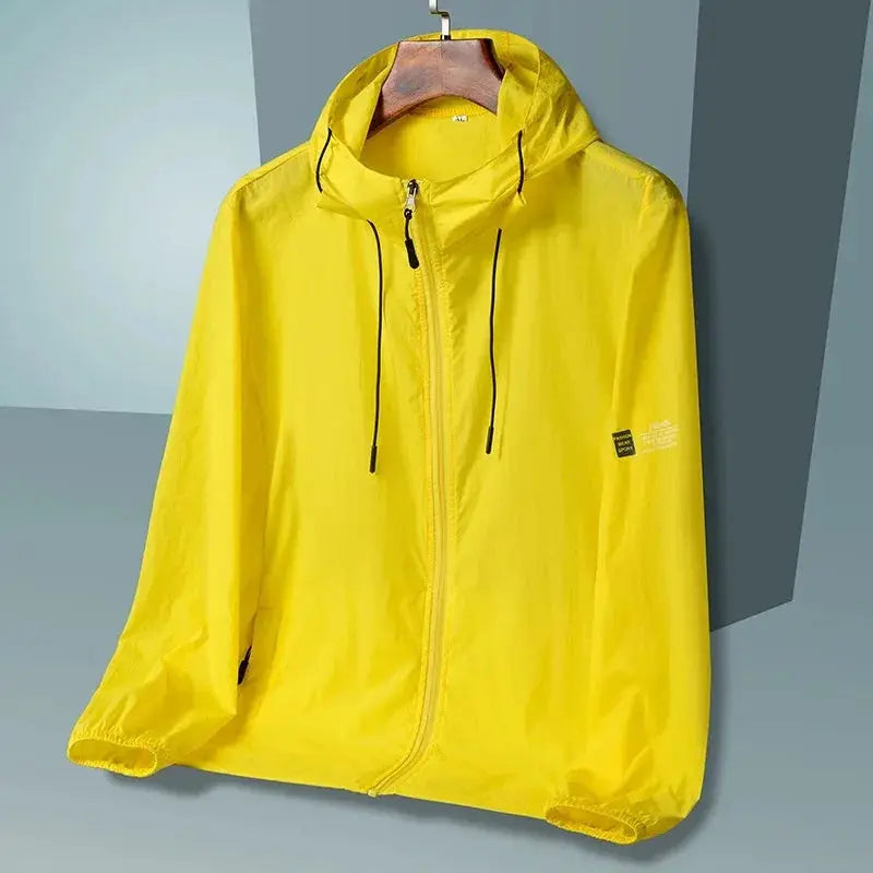 Yellow lightweight hooded windbreaker jacket by Simples Market with front zipper and black drawstrings.