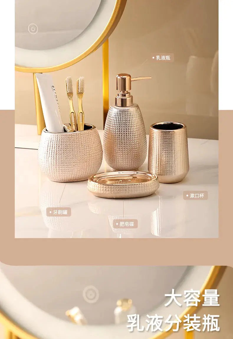 Rose-gold ceramic bathroom accessories set by Simples Market: toothbrush holder, lotion bottle, soap dish, mouthwash cup
