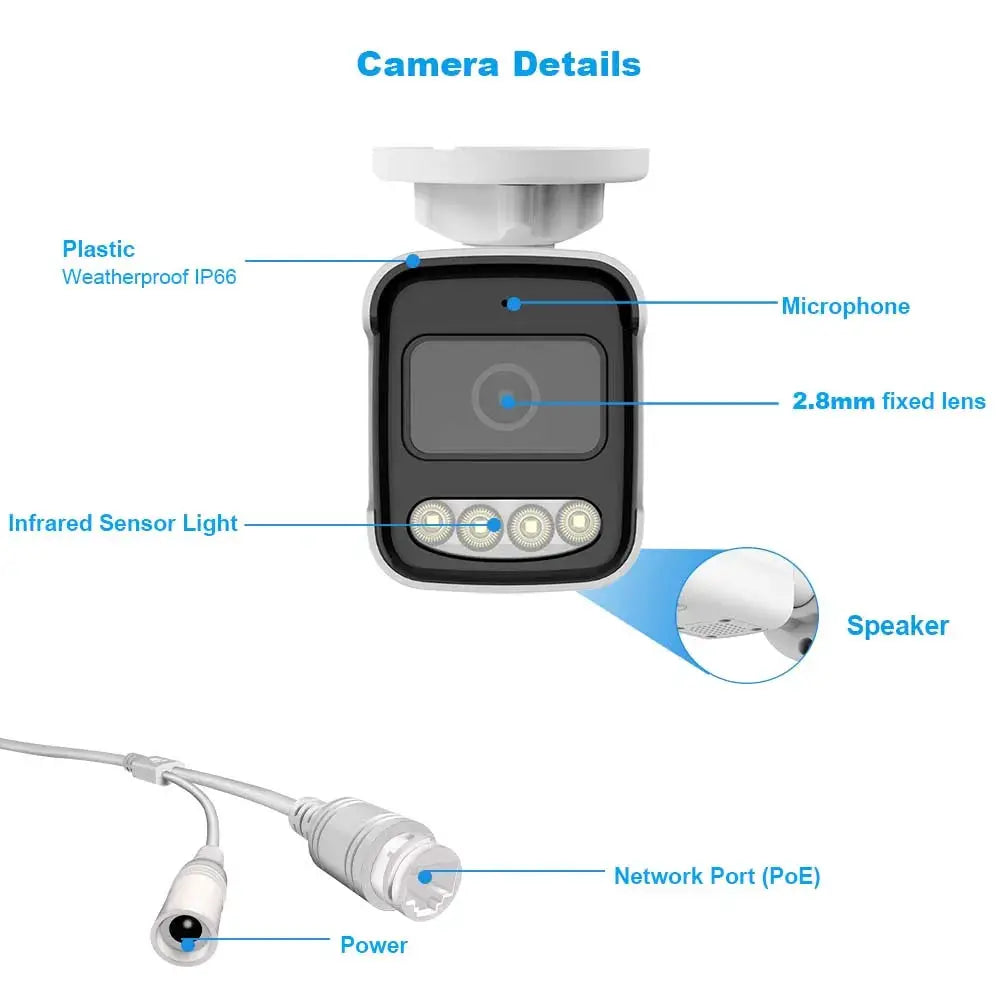 Outdoor CCTV PoE IP security camera with IP66 weatherproof housing, 2.8mm fixed lens, infrared LEDs, and two-way audio
