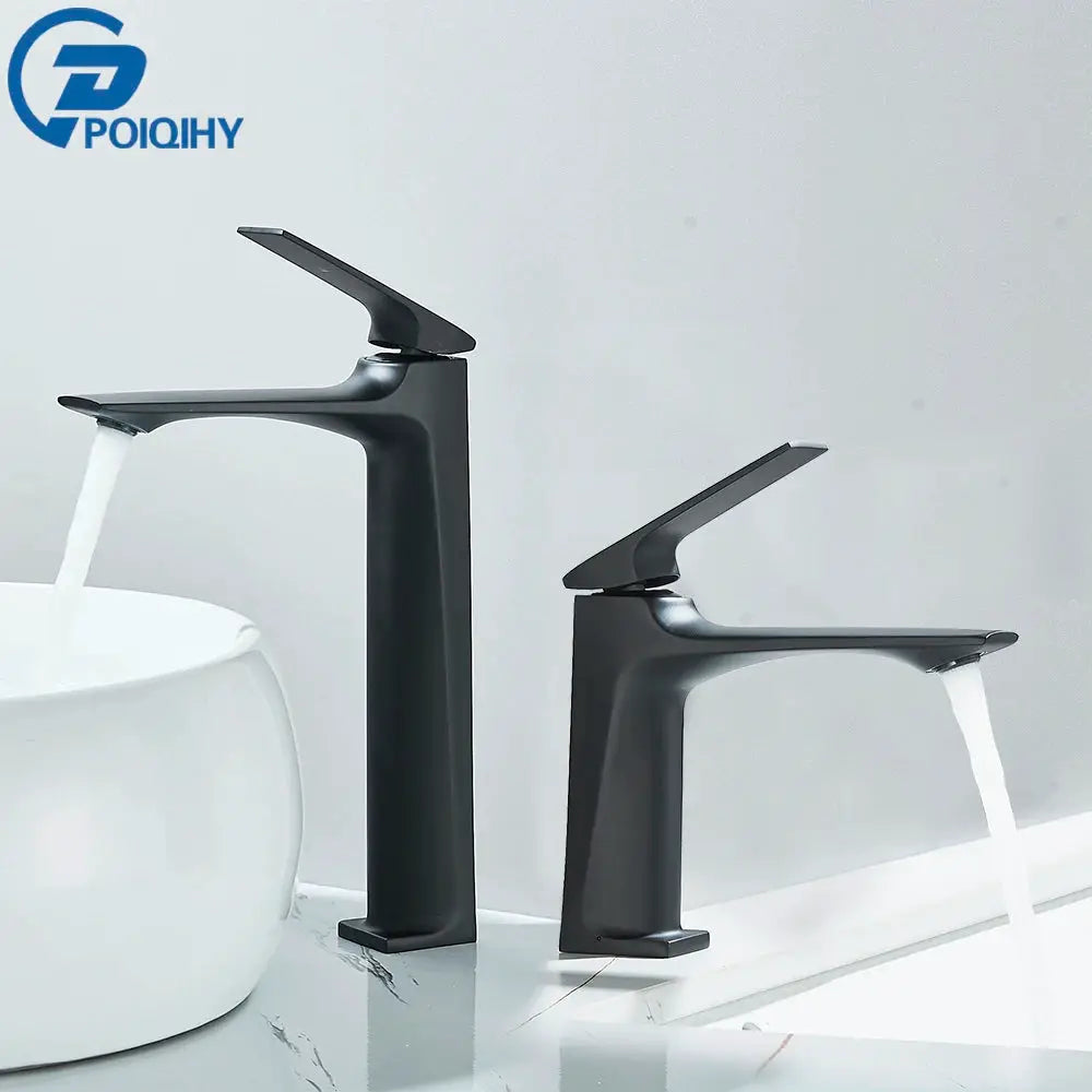 Pair of black matte deck-mounted bathroom taps with single-lever handles; POQIHY logo visible