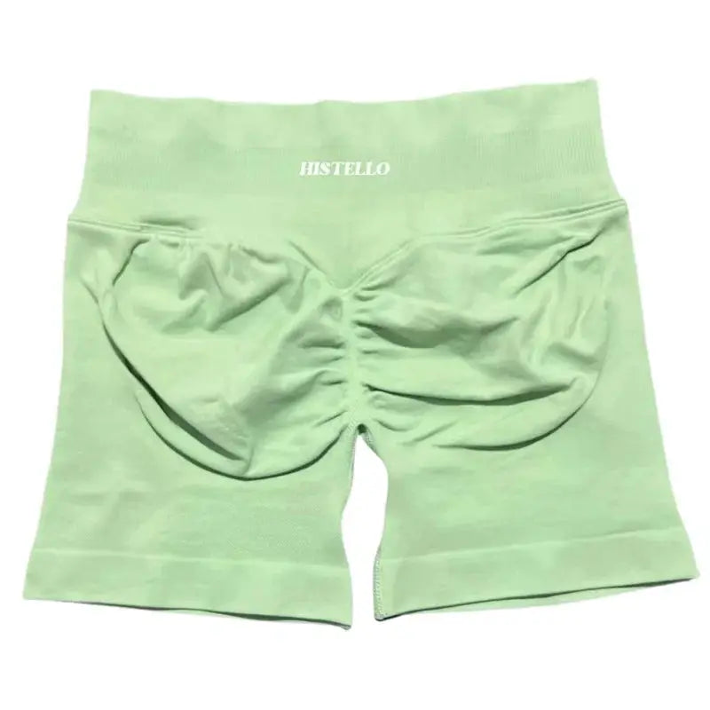 HISTELLO green women's sports shorts, low waist, seamless scrunch-back design, breathable stretchy fabric