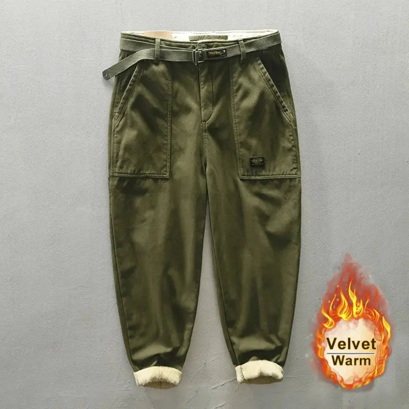 Men's olive green cargo pants with belt, mid waist, loose fit, cuffed hems