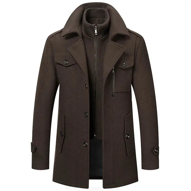 Men's brown wool-blend cashmere trench coat with zip front and button placket