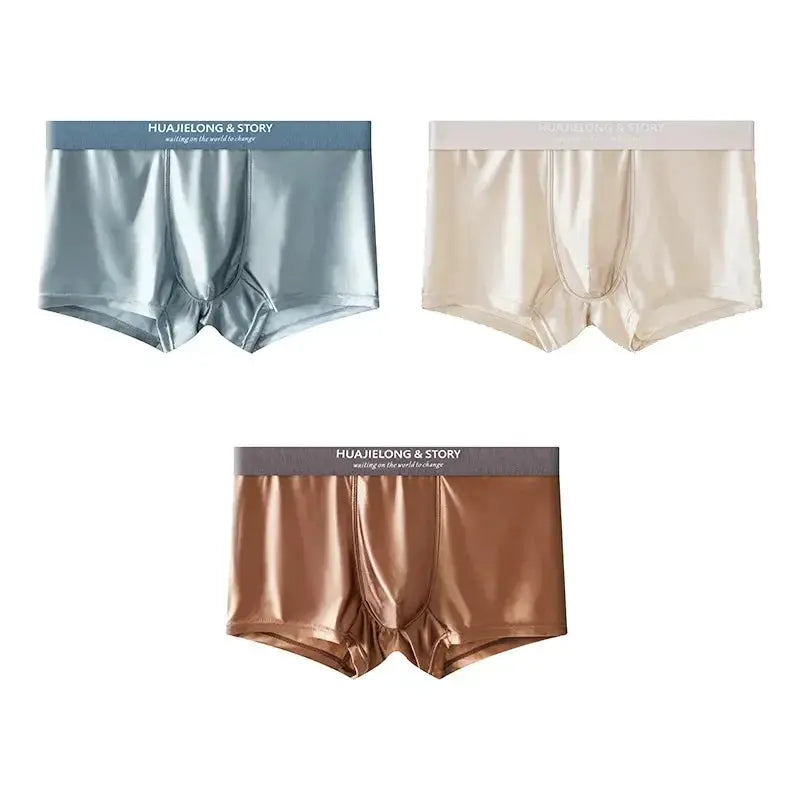 Boxers 3-pack: men's satin-like ice-silk underwear in blue, beige, bronze with breathable mesh crotch and Huajielong & Story waistband.