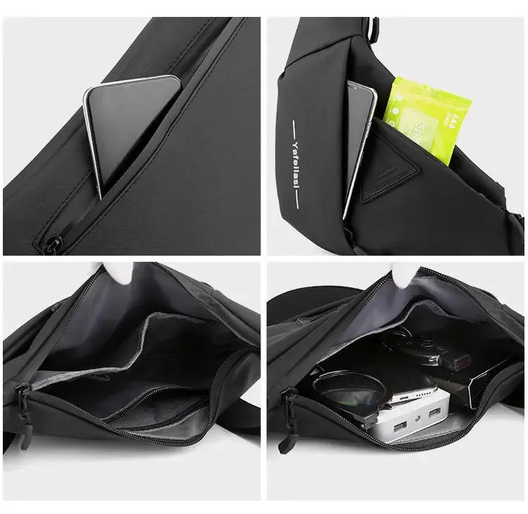 Simples Market sling chest bag in black with front phone pocket, multiple compartments, crossbody anti-theft travel bag