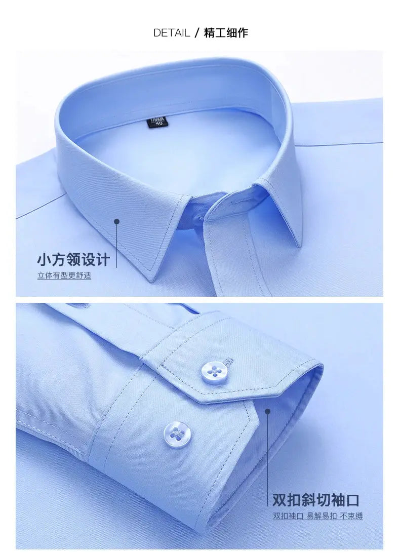 Simples Market bamboo fiber men's long sleeve shirt in blue with a small collar and double-button cuffs, 5XL–8XL