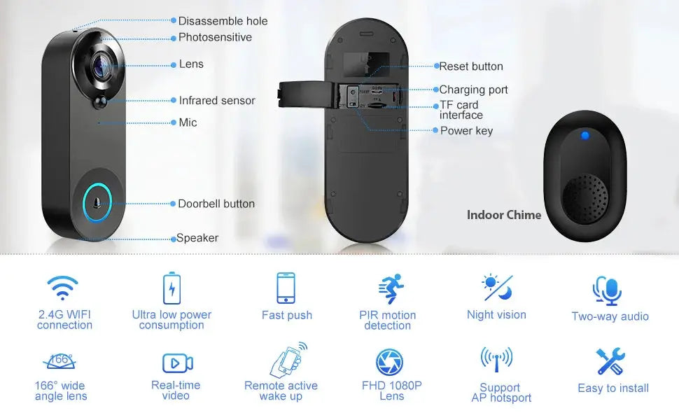 1080P wireless video doorbell camera by Simples Market with indoor chime, night vision, two-way audio