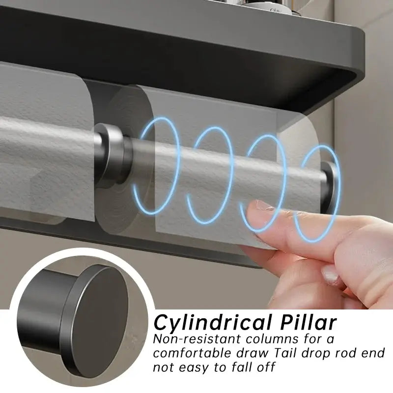 Simples Market aluminum alloy wall-mounted toilet paper holder with shelf and phone stand, black finish.