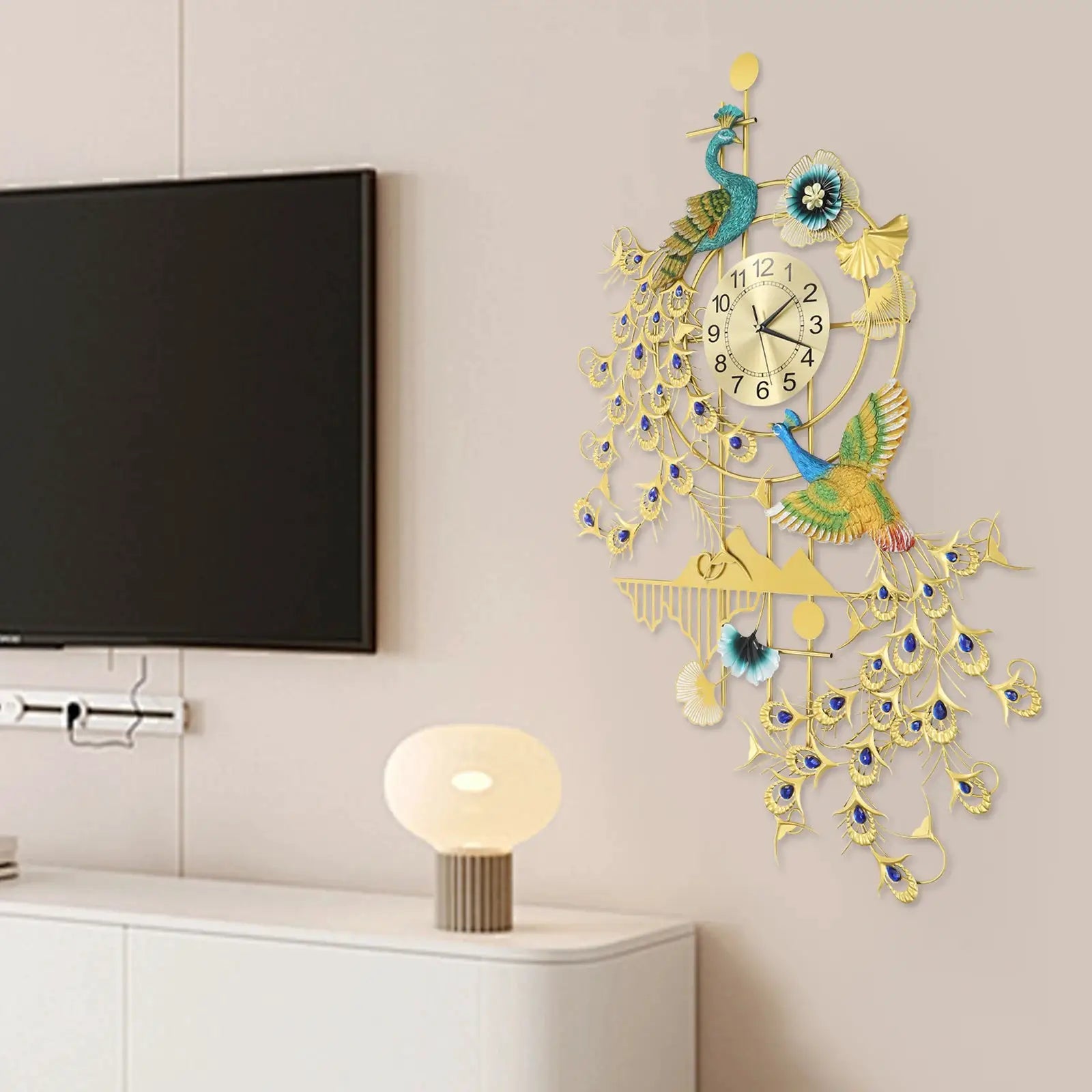 Peacock wall clock, large 80x120 cm, gold with blue rhinestones, quartz iron art decorative clock