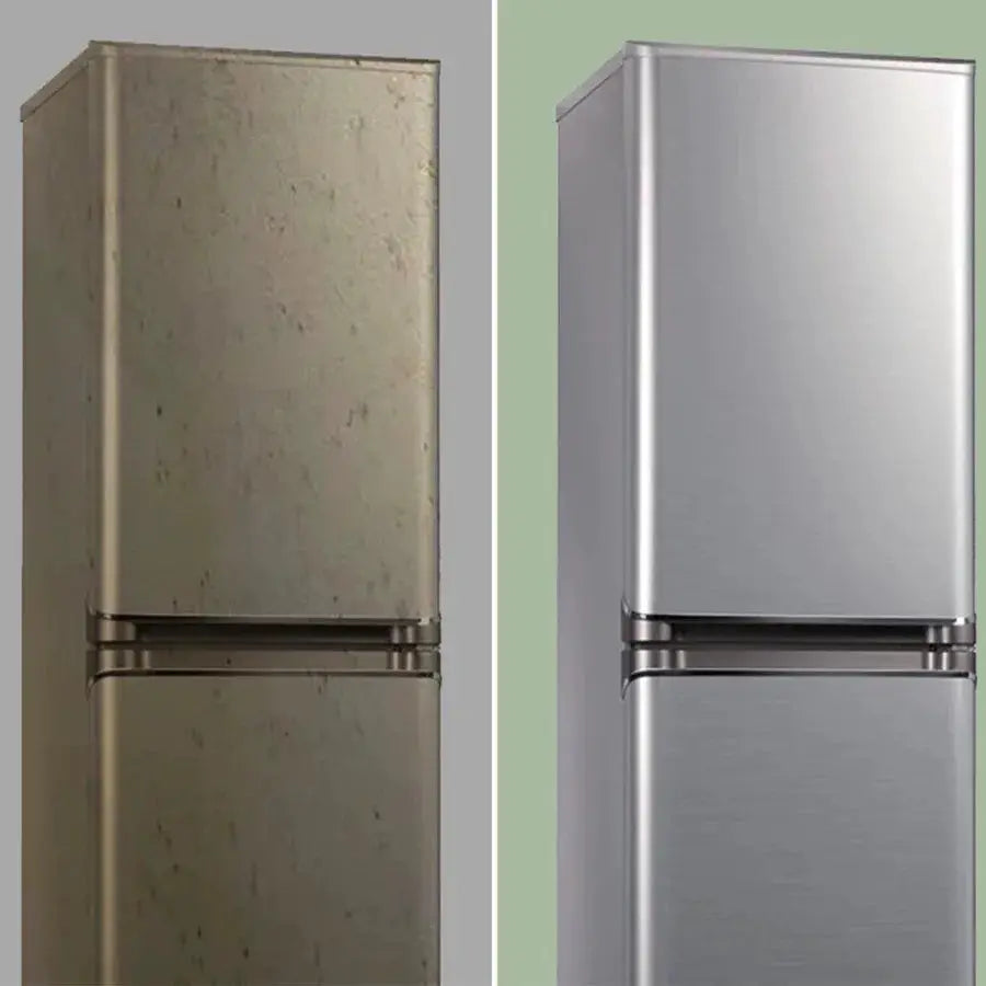 PVC stainless brushed silver removable wallpaper film for appliances; two fridge panels showing before and after.