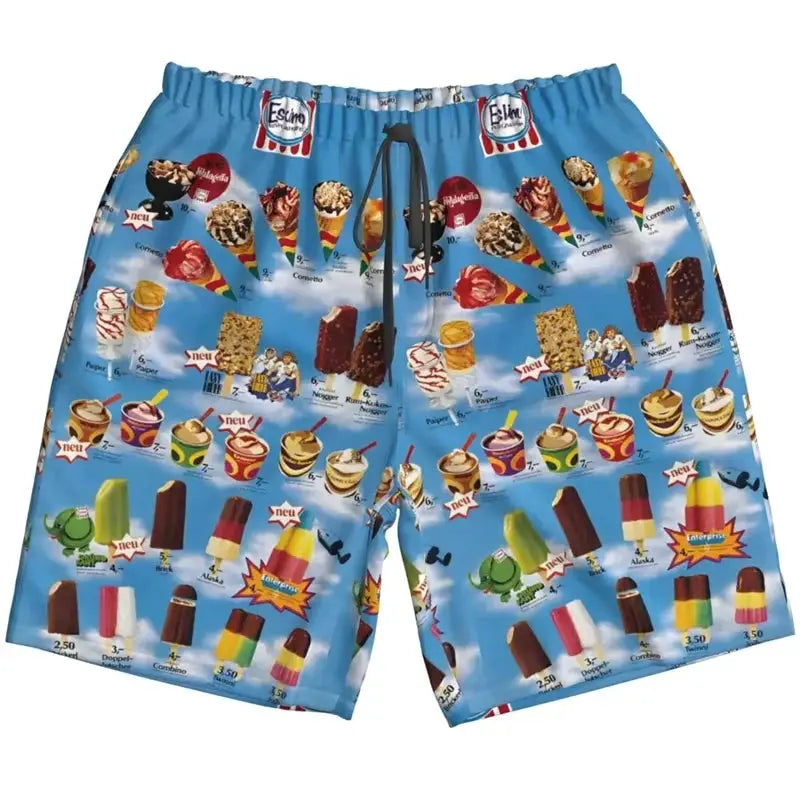 Beach shorts with blue ice-cream print, unisex fit, adjustable drawstring waist
