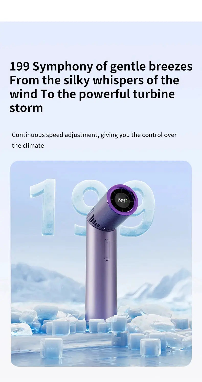 Lipstick-style portable handheld fan, brushless motor, purple finish, USB charging