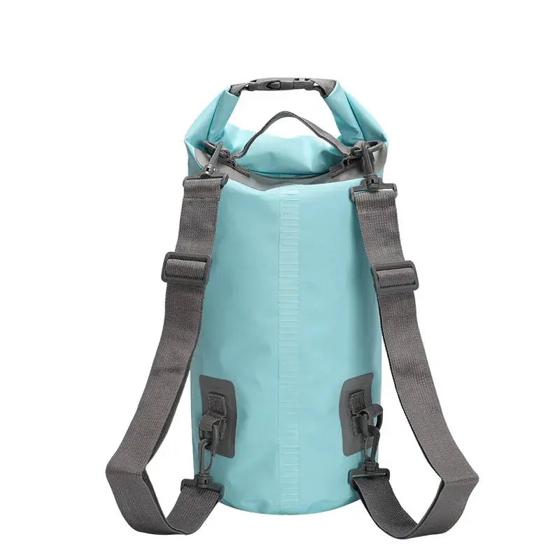 PVC waterproof dry bag with double gray shoulder straps in teal for outdoor trekking and boating