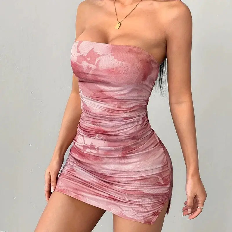 Y2K Summer Womens Mini Dress Spaghetti Straps Print Party Off Shoulder