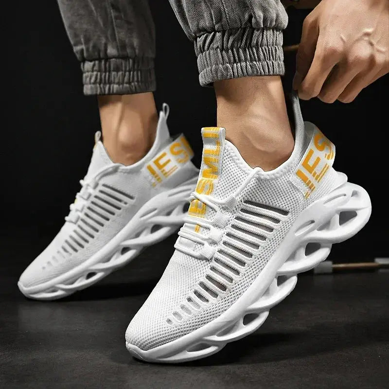 MAEDEF white mesh casual sneakers with yellow Simples Market branding; breathable platform running shoes pair