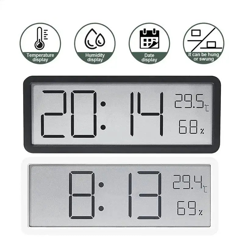 Two LCD digital clocks with black and white frames displaying time, temperature, and humidity.