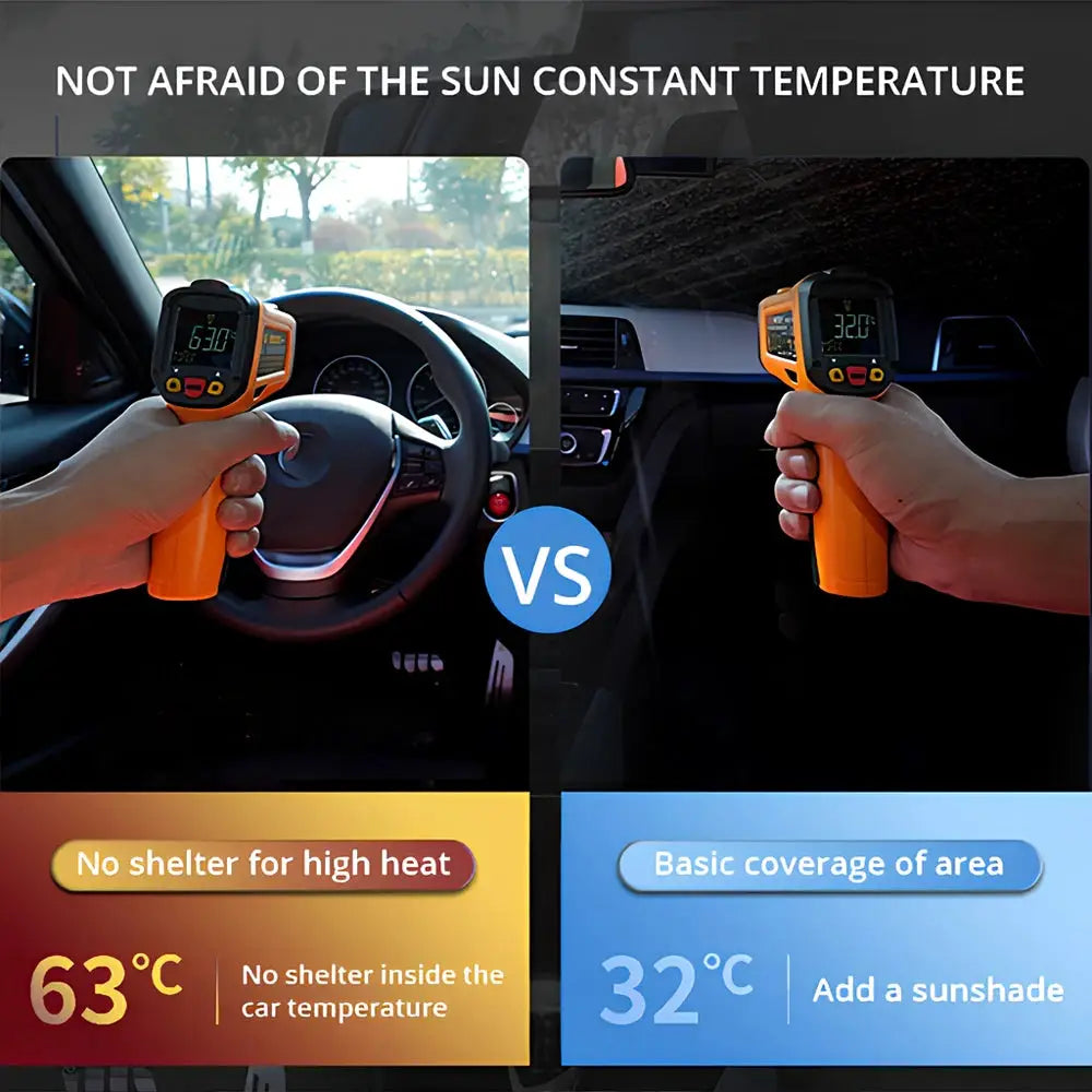 Simples Market foldable car windshield sunshade protector shown with orange infrared thermometers comparing interior temps