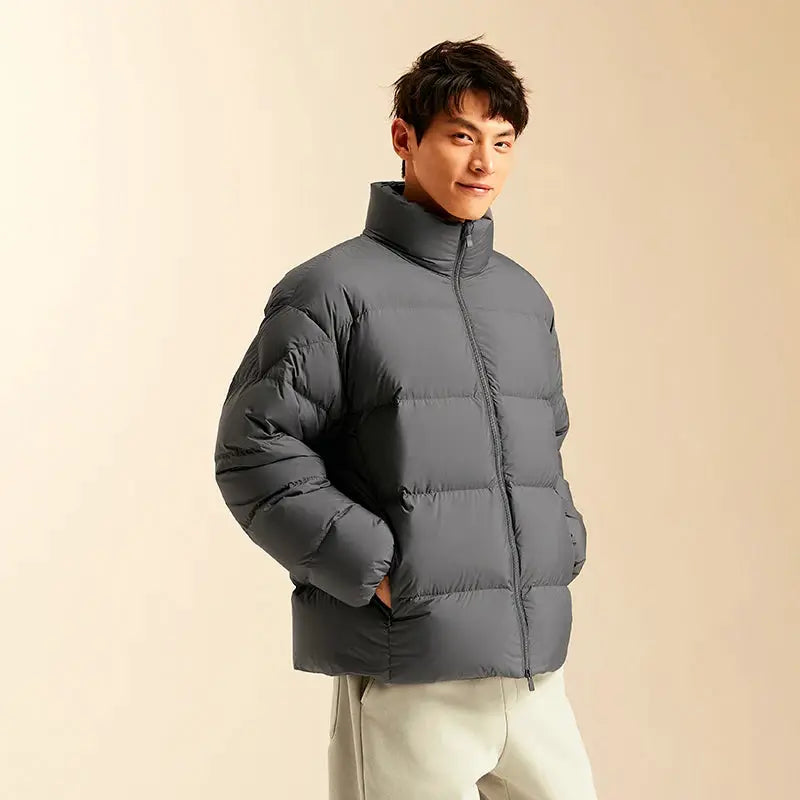 Men's gray down puffer jacket with stand collar, lightweight warmth