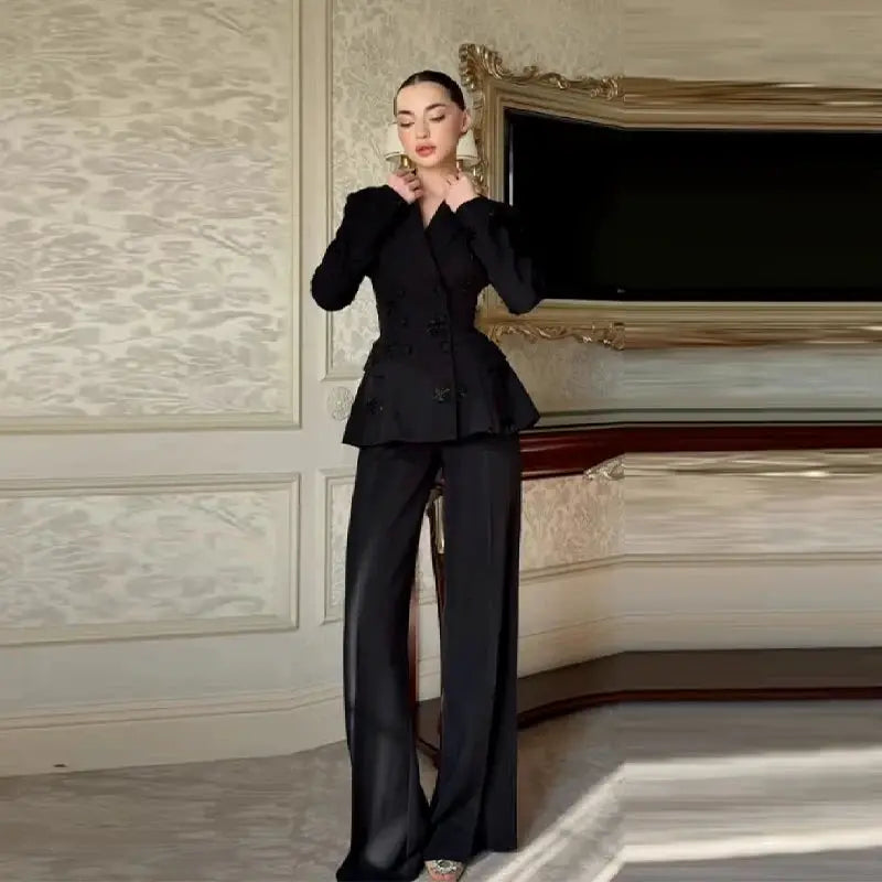 Beaded lapel blazer and wide-leg pants two-piece suit by Simples Market in black