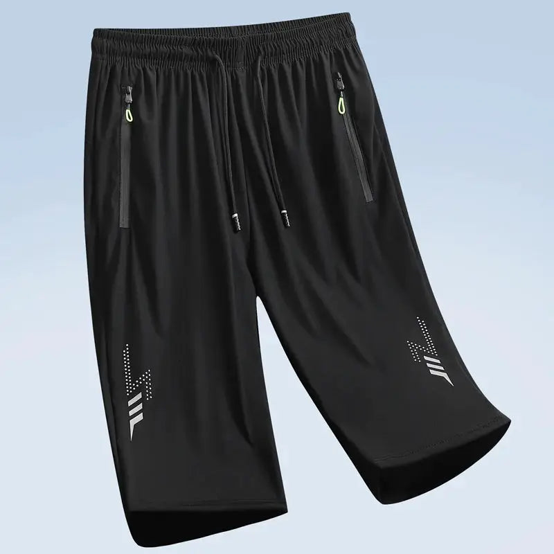 Men's black sports shorts with elastic waist, zip pockets, breathable quick-dry fabric