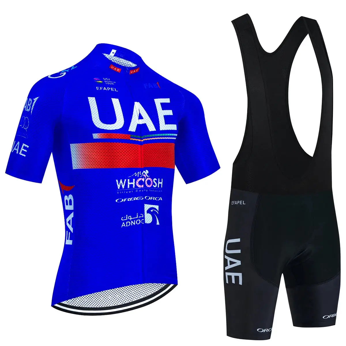 UAE cycling jersey set for men in blue with short-sleeve jersey and black bib shorts