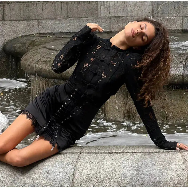 Urban lace patchwork women's skirt with corset-style lace-up panel, black mini bandage skirt