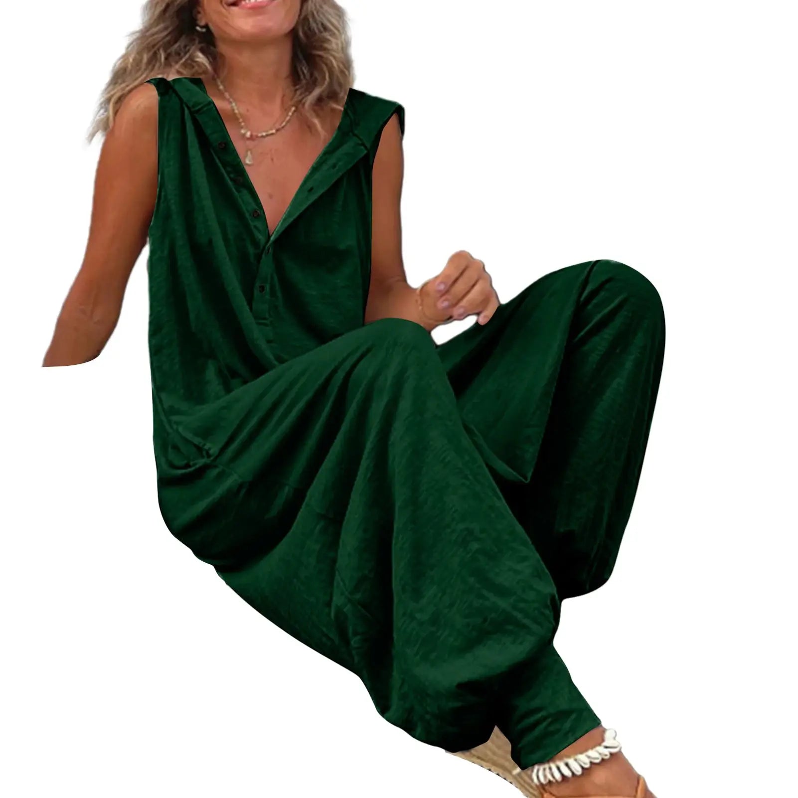 Green women's cotton overalls jumpsuit, sleeveless with button placket and wide-leg pants