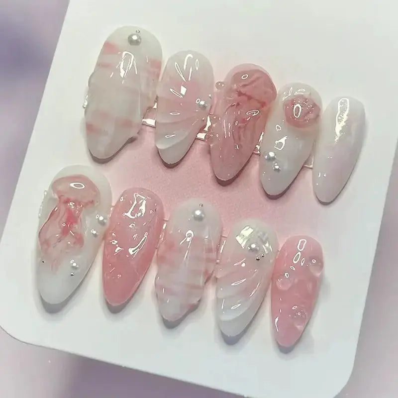 GlamNail Pink Almond Press On Nails Full Coverage Carved Flower 3D Ripple French Tips Golden Pearl Finish