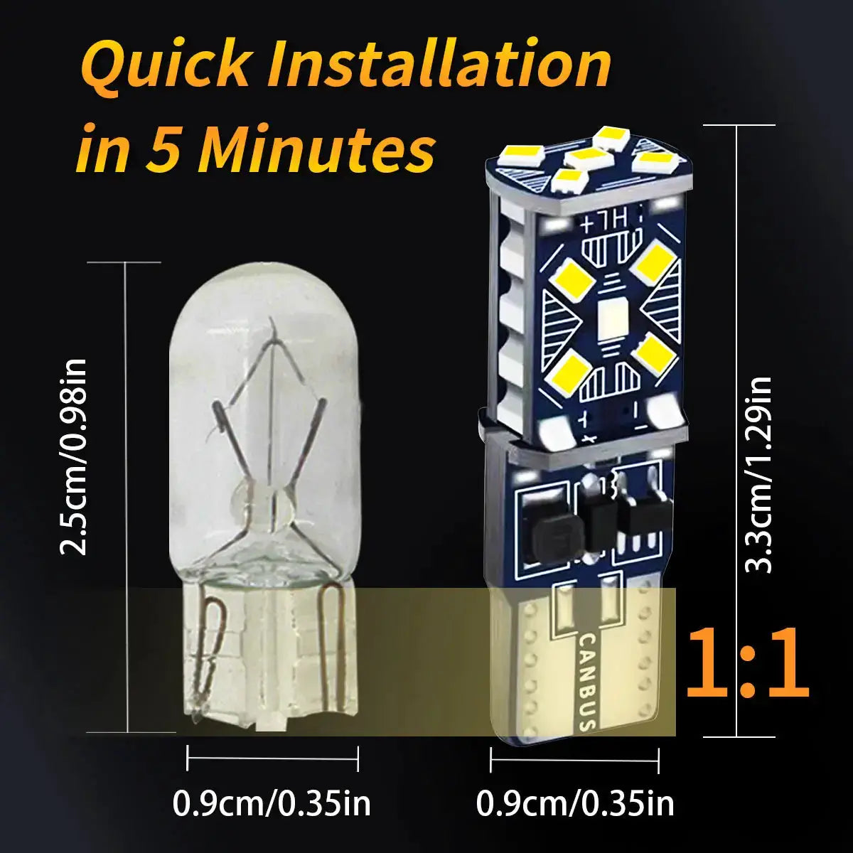 2-pack Simples Market T10 LED bulbs, 12V Canbus, 15-SMD W5W, for car signal, fog, brake and clearance lights