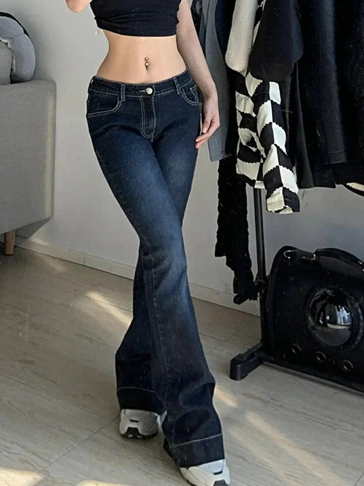 Kalevest Y2K High Street Low Rise Bootcut Jeans For Women In Blue