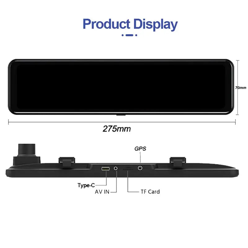 E-ACE 4K WIFI dashcam 12-inch rear-view mirror car DVR in black with GPS and Type-C, AV IN and TF Card ports