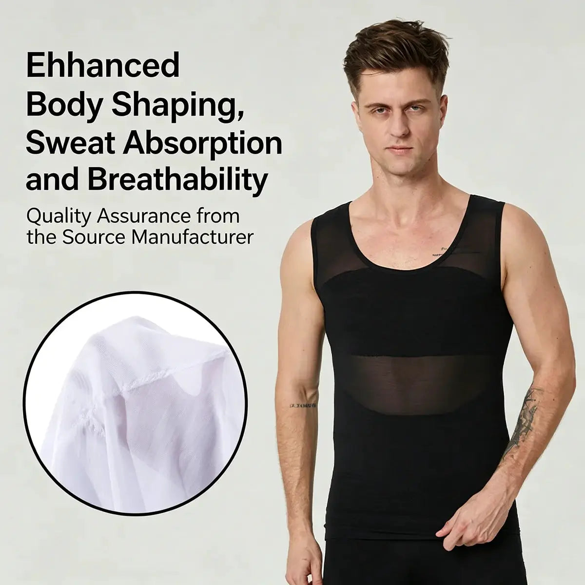 Men's compression undershirt with mesh panels, black sleeveless body shaper vest for chest and abdomen control.