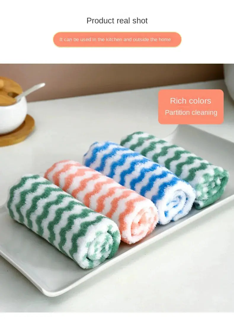 Simples Market 20Pcs absorbent microfiber kitchen wipes set, 4 rolls in green/orange/blue with coral velvet wave design