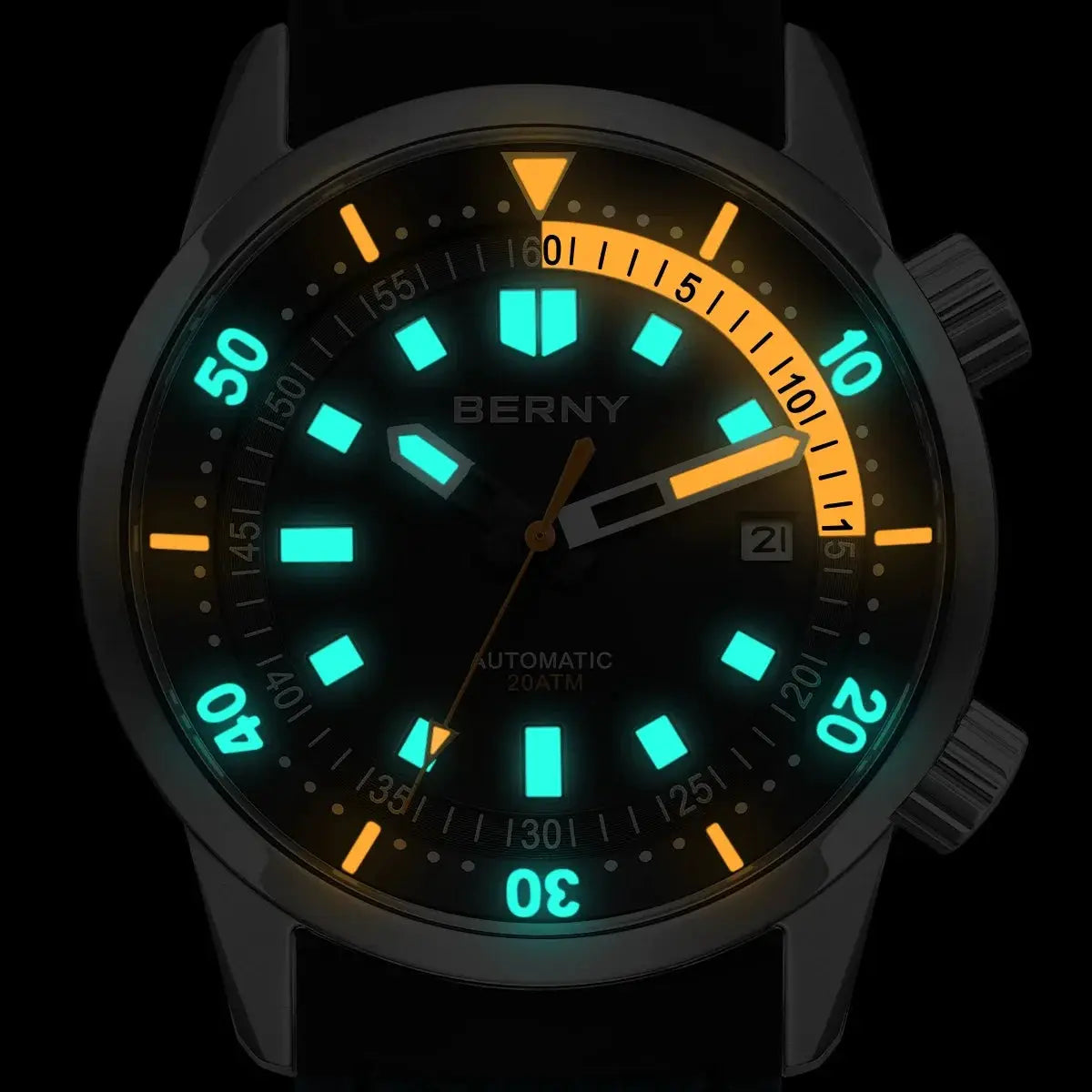 BERNY men's dive watch with turquoise luminous markers and orange bezel accents, 42mm