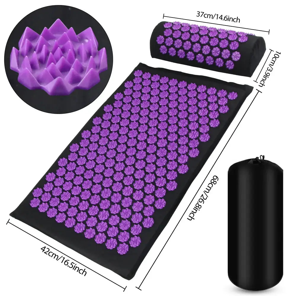 Acupressure mat and pillow with purple spikes, 2-piece set, black carry bag, Simples Market.