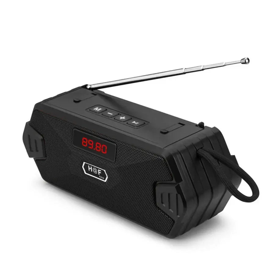 Bass Hifi outdoor portable Bluetooth speaker by Simples Market with FM radio, black, carrying strap