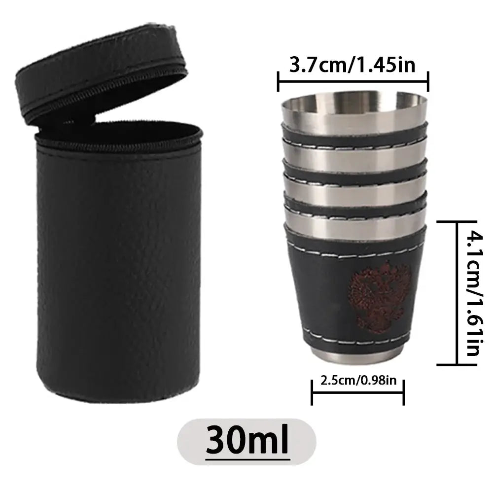 4-piece stainless steel travel cup set with PU leather sleeves and black zip case, 30ml capacity Simples Market