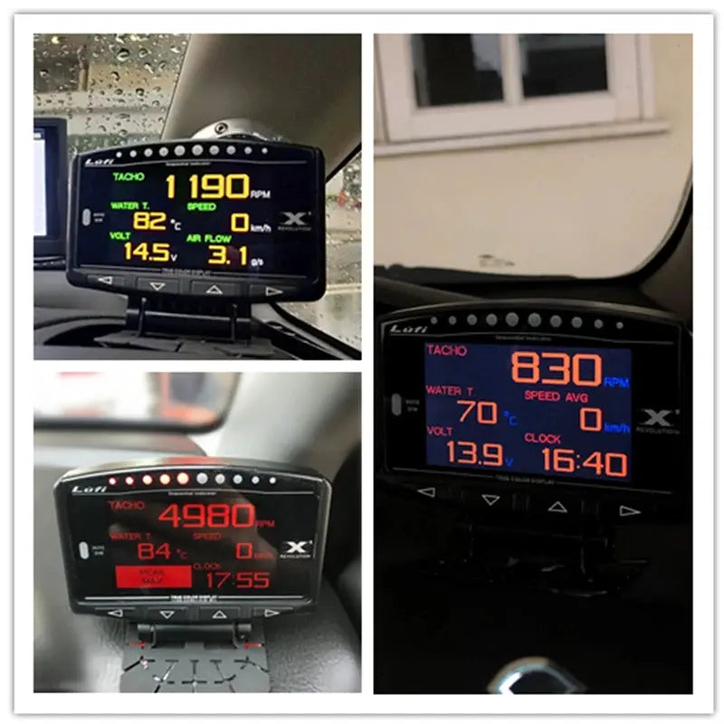 Original Lufi X1 revolution OBD2 meter digital car gauge, black housing, Simples Market; four-display collage.