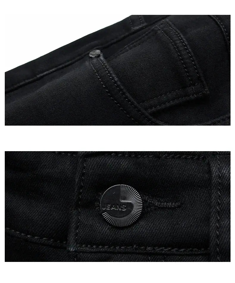 Men's black denim jeans by Simples Market with metal button and belt loops