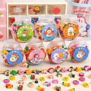 Kawaii eraser set in seven clear jars with colorful animal and fruit designs