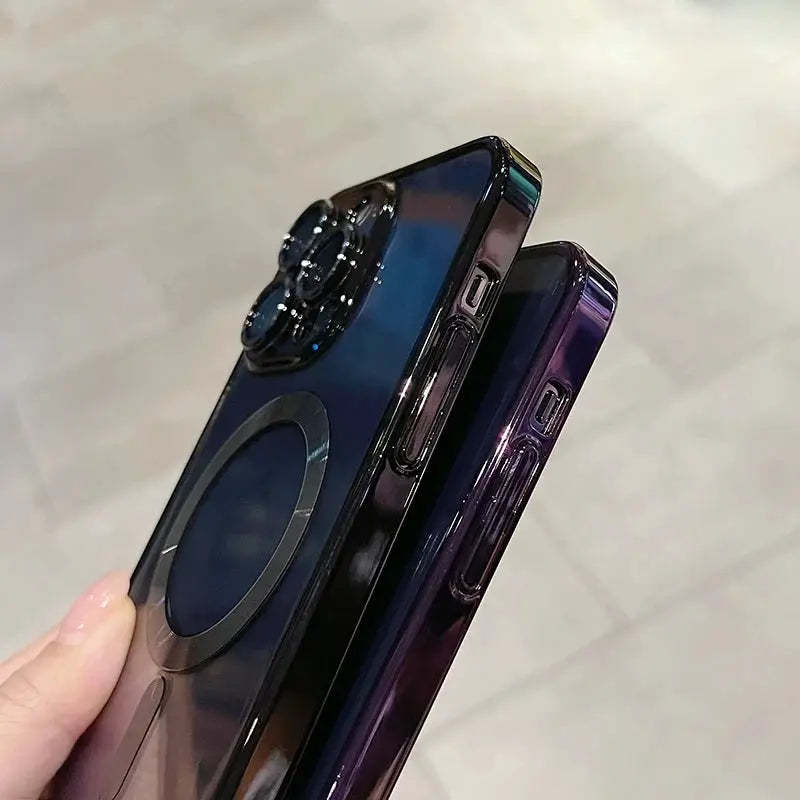 Simples Market luxury magnetic clear MagSafe iPhone cases, two translucent black and purple variants.