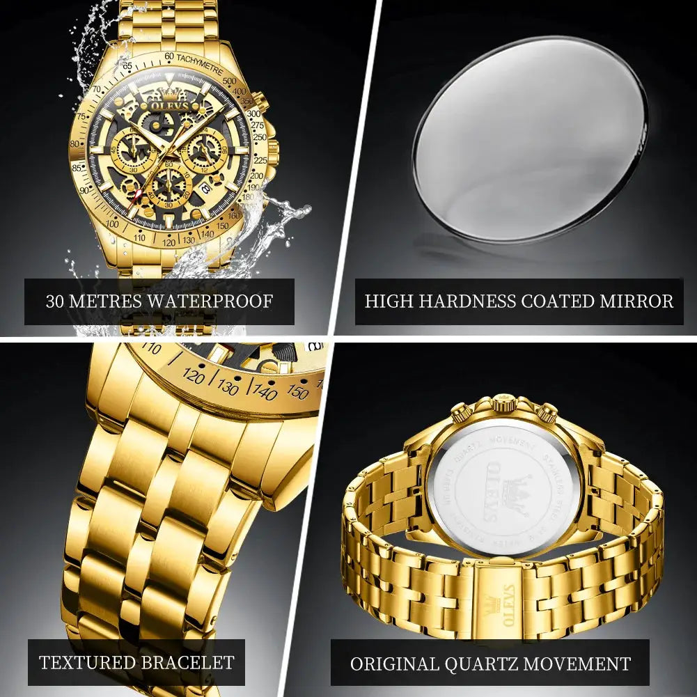 OLEVS gold skeleton men's watch stainless steel bracelet, chronograph, original quartz movement, 30m waterproof
