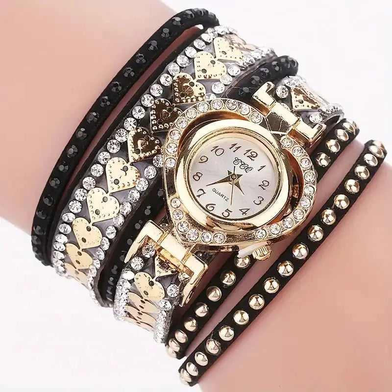 Fashion rhinestone heart-dial wrap watch with gold-tone bezel and black velvet multi-wrap band by Simples Market