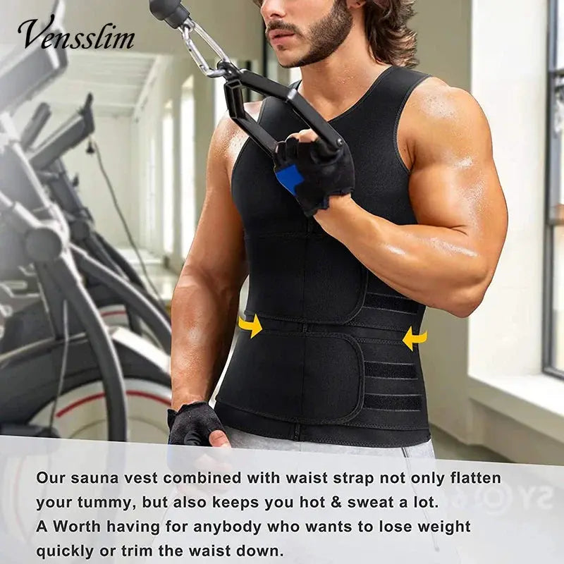 Vensslim men's black waist trainer vest with adjustable side straps for sauna sweat compression during workouts