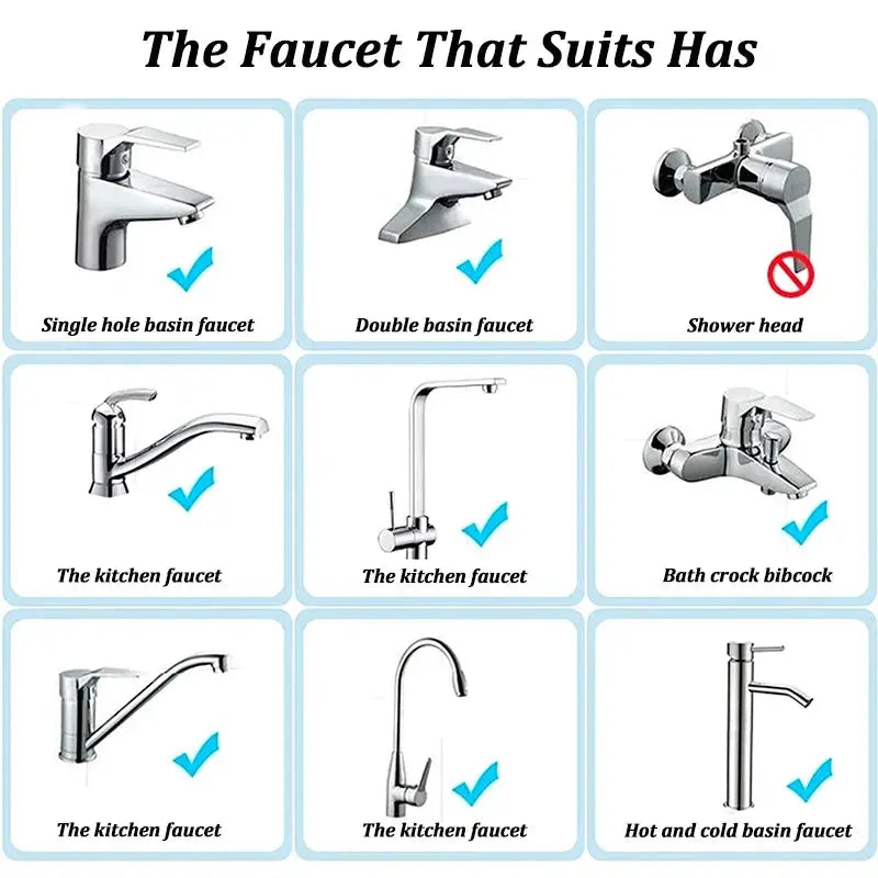Brass water-saving faucet aerator with 24mm thread and replaceable filter; collage of 9 Simples Market faucet styles.
